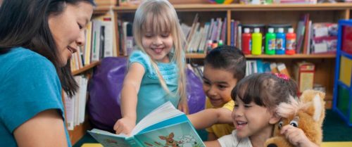 Teacher reading book with kids