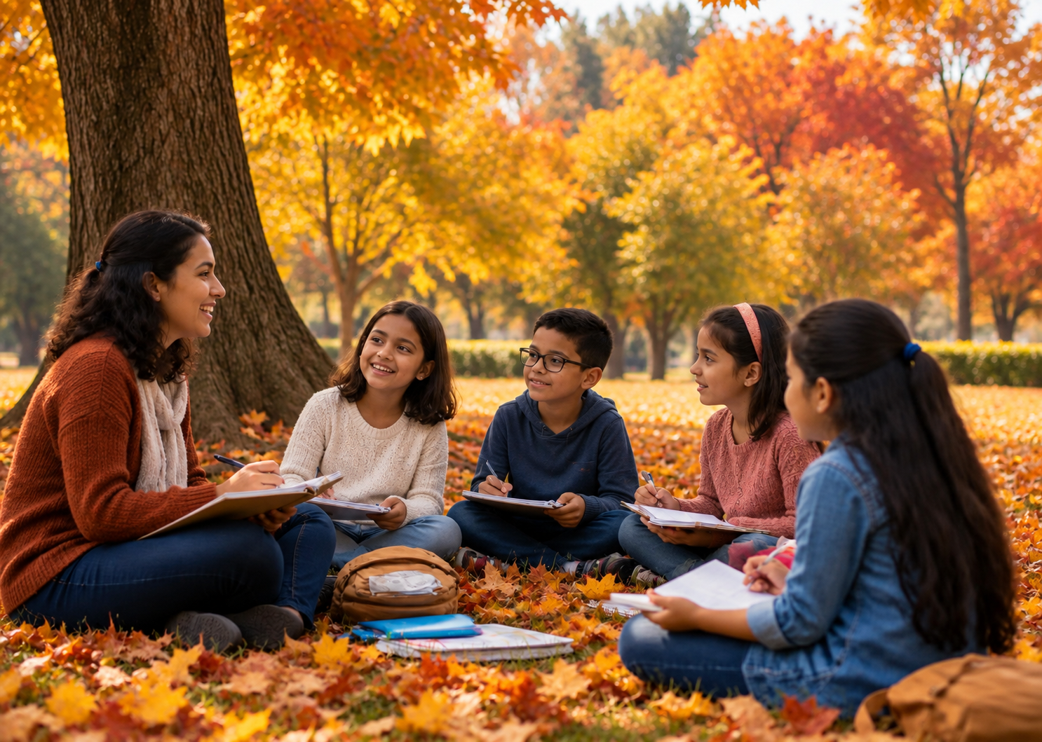 Un'insegnante con i bambini tra le foglie d'autunno
