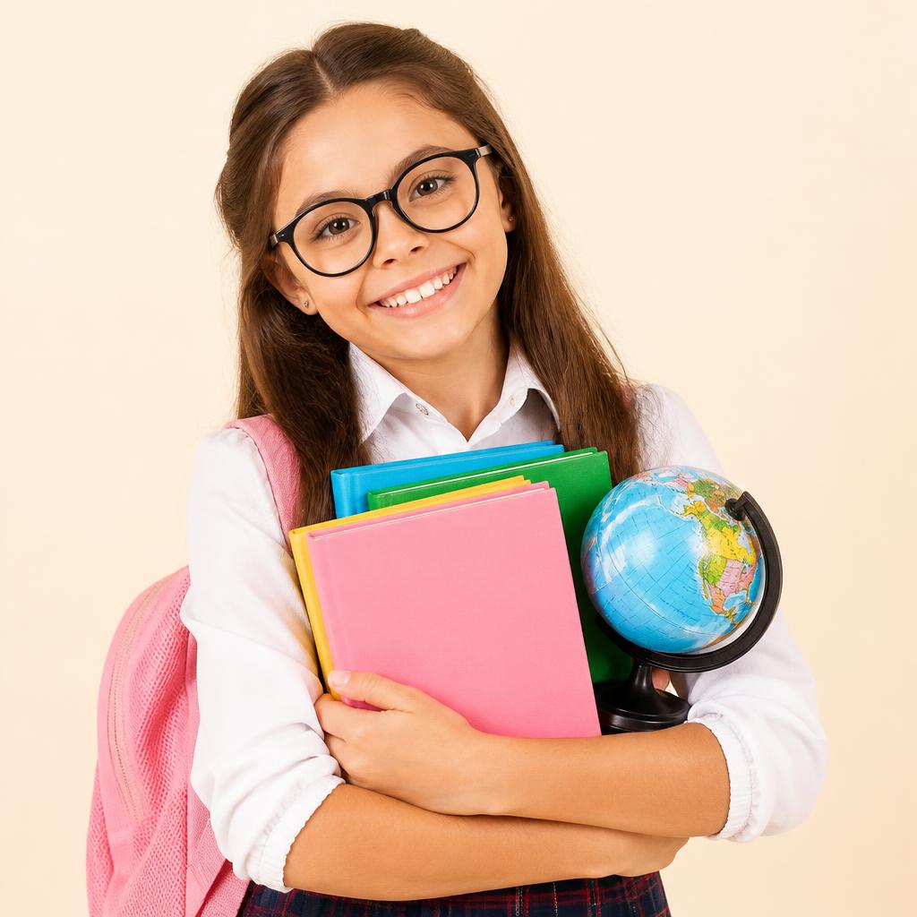 Studentessa sorridente con libri e un globo