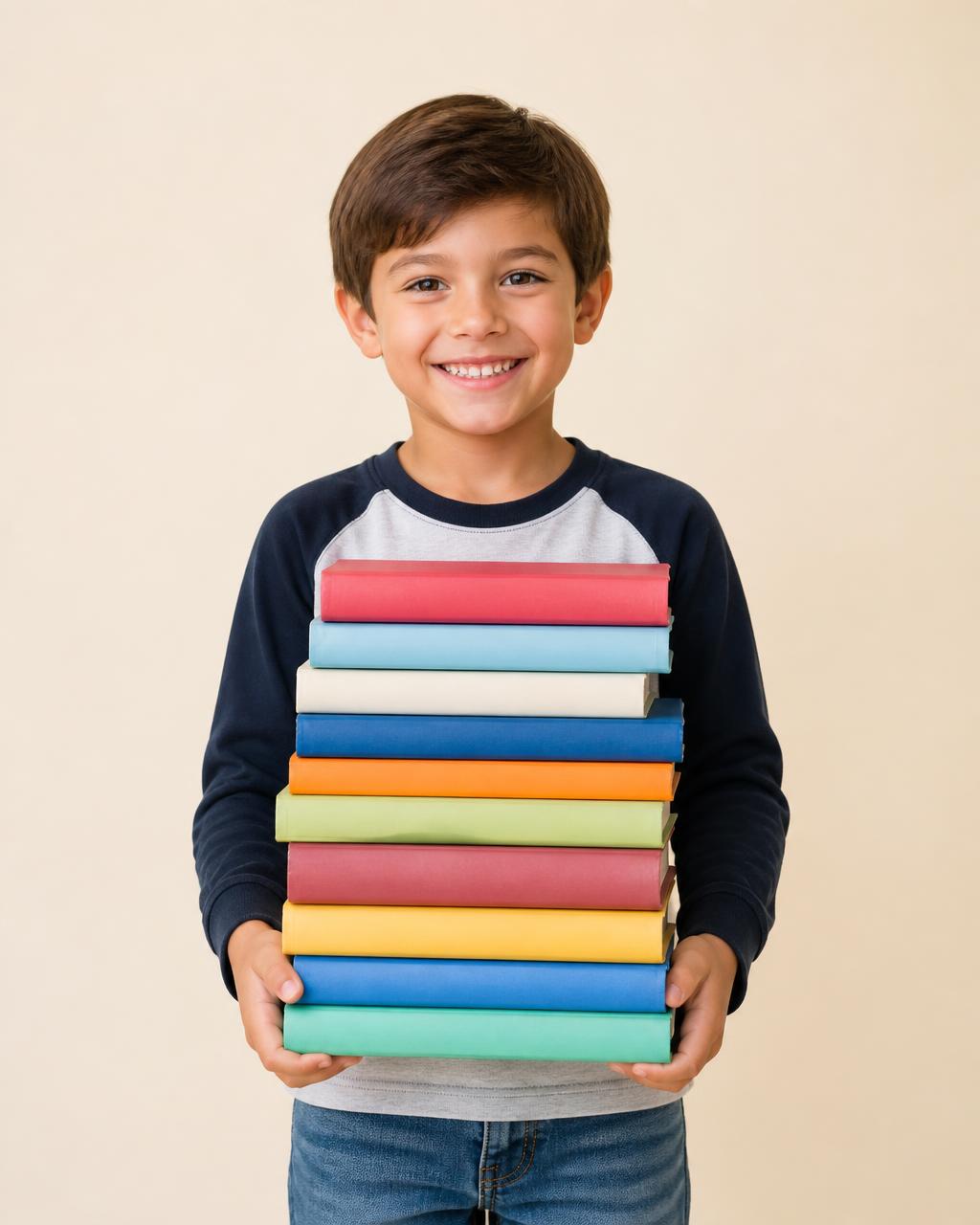 Bambino con una pila di libri colorati
